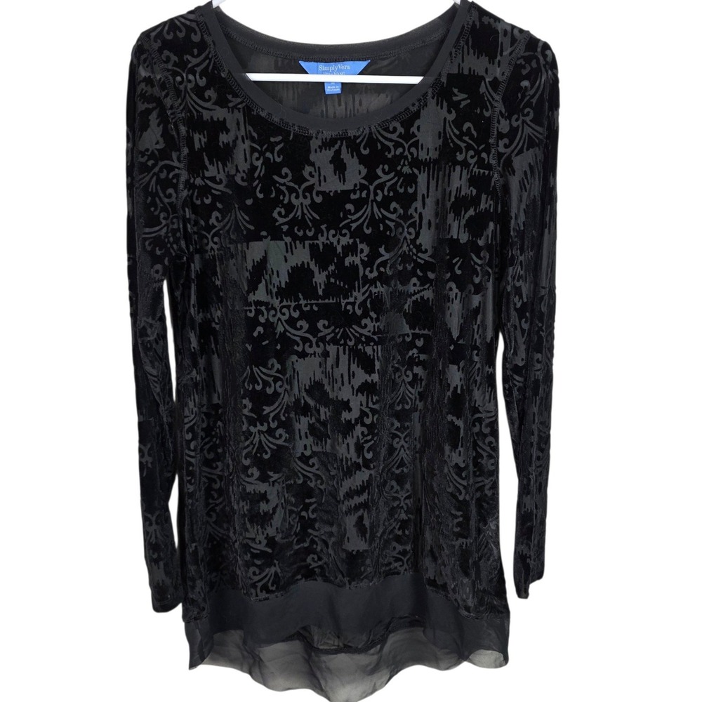 Simply Vera Vera Wang Blouse Women M Black Excellent Burnout Velvet Damask Top